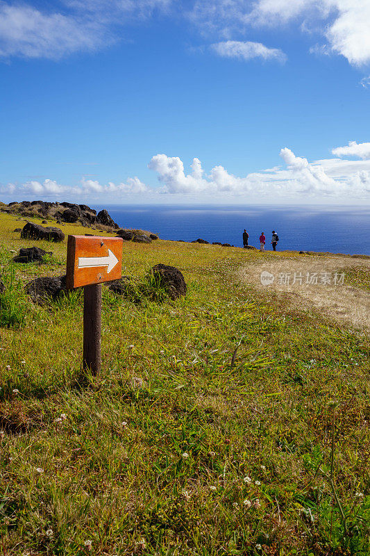 从智利复活节岛的Orongo村看到的Motu Nui岛和较小的Motu Iti岛与Motu Kao Kao海堆的道路上的木制方向标志特写
